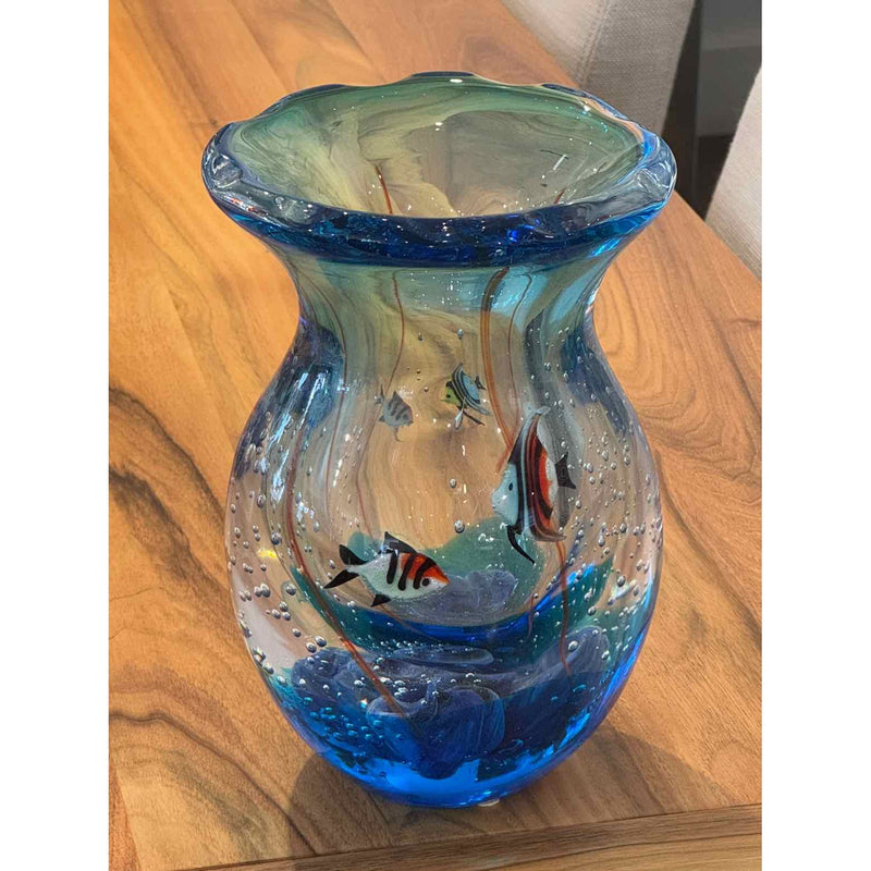 Vintage Murano Art Glass Vase w/ Fish Signed, 9"Hx6"D