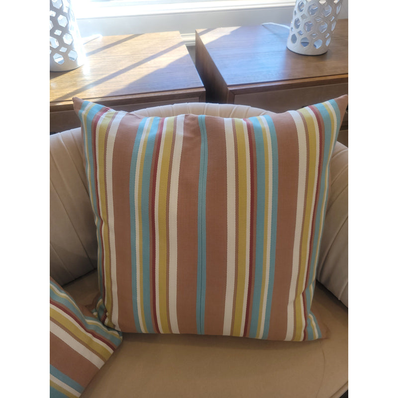 PAIR of Custom Blue & Brown Stripe Sunbrella Square Pillows