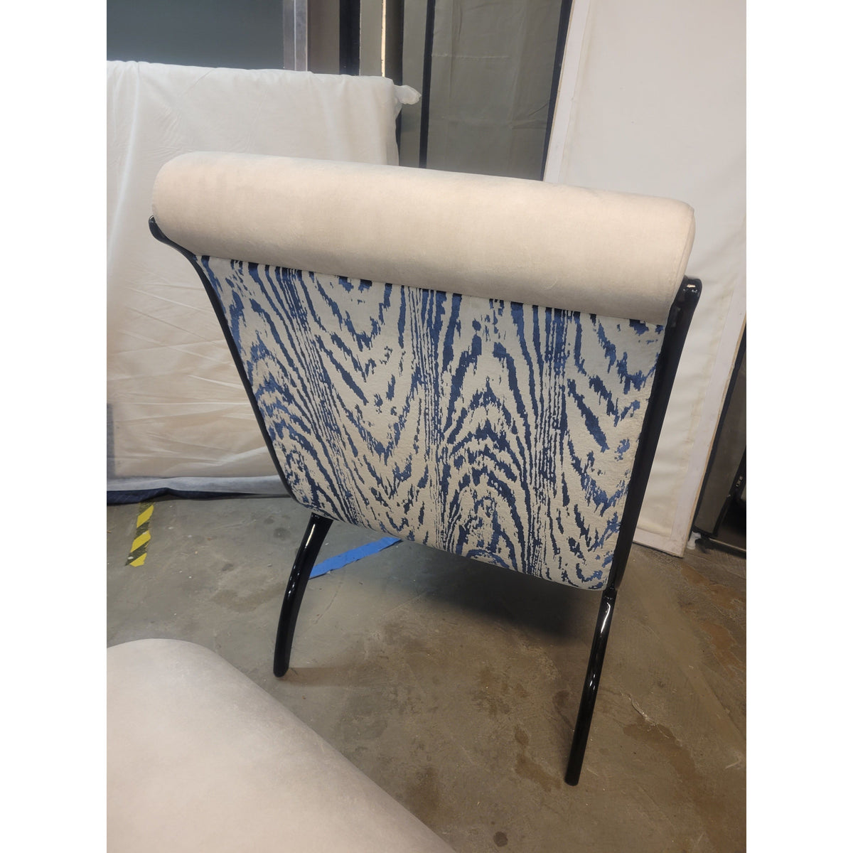 PAIR of Custom White & Blue Velvet Chairs w/ Black Lacquer Legs