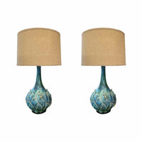 PAIR of Blue Ceramic Artichoke Table Lamps w/ Shades (AS IS) - colletteconsignment.com