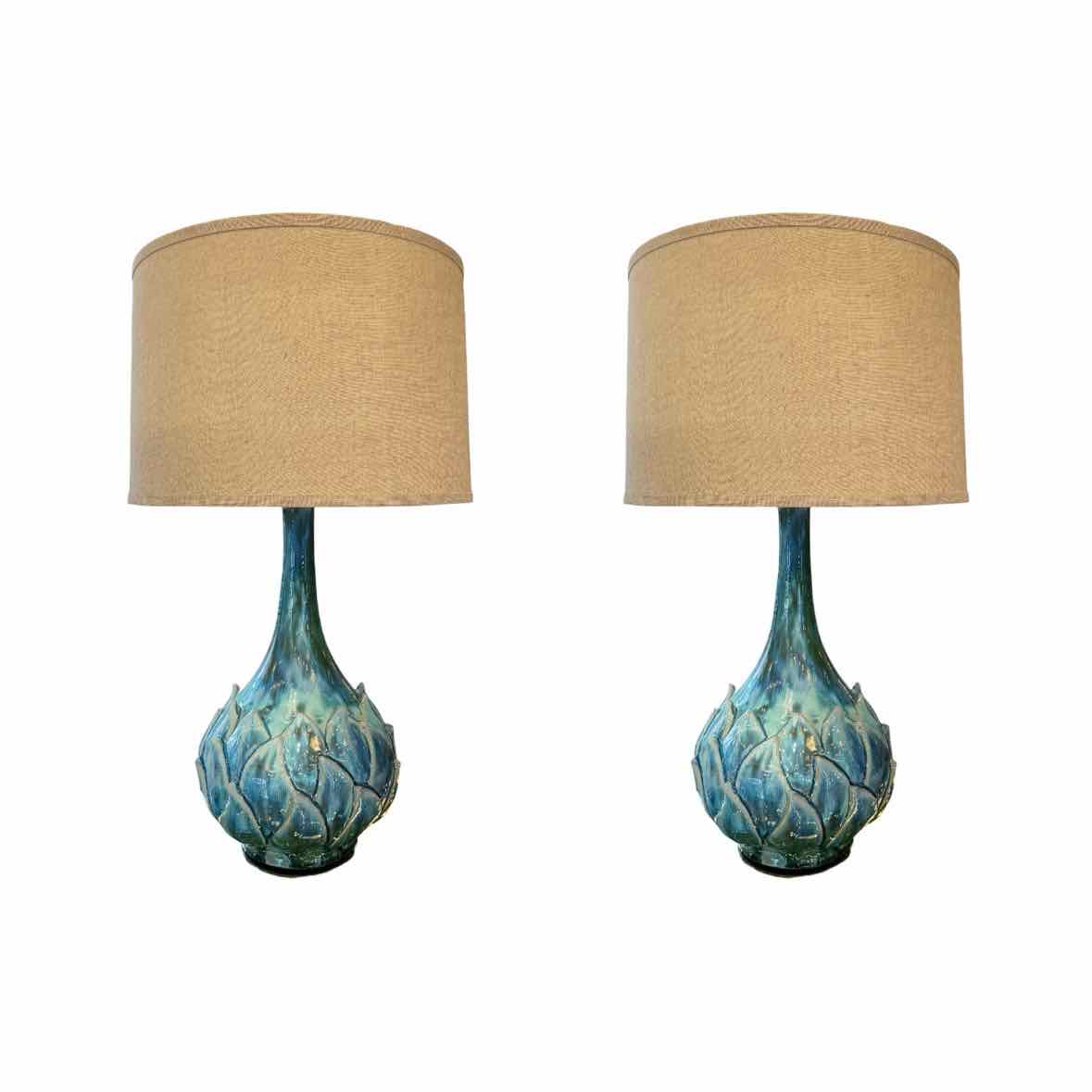 PAIR of Blue Ceramic Artichoke Table Lamps w/ Shades (AS IS) - colletteconsignment.com