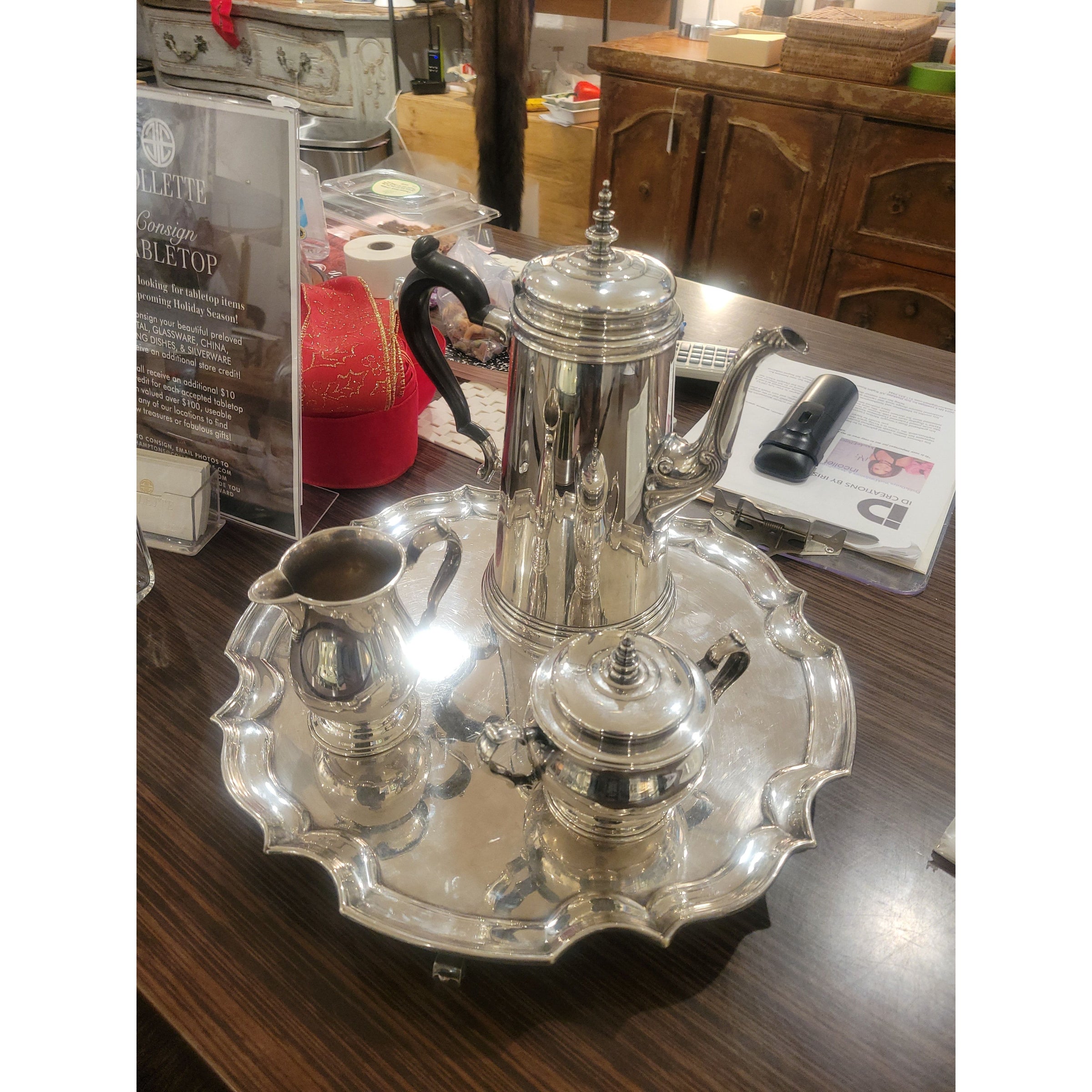 Silver-Plated Heirloom Tea Set w/ Tray, Teapot, Creamer & Sugar Bowl