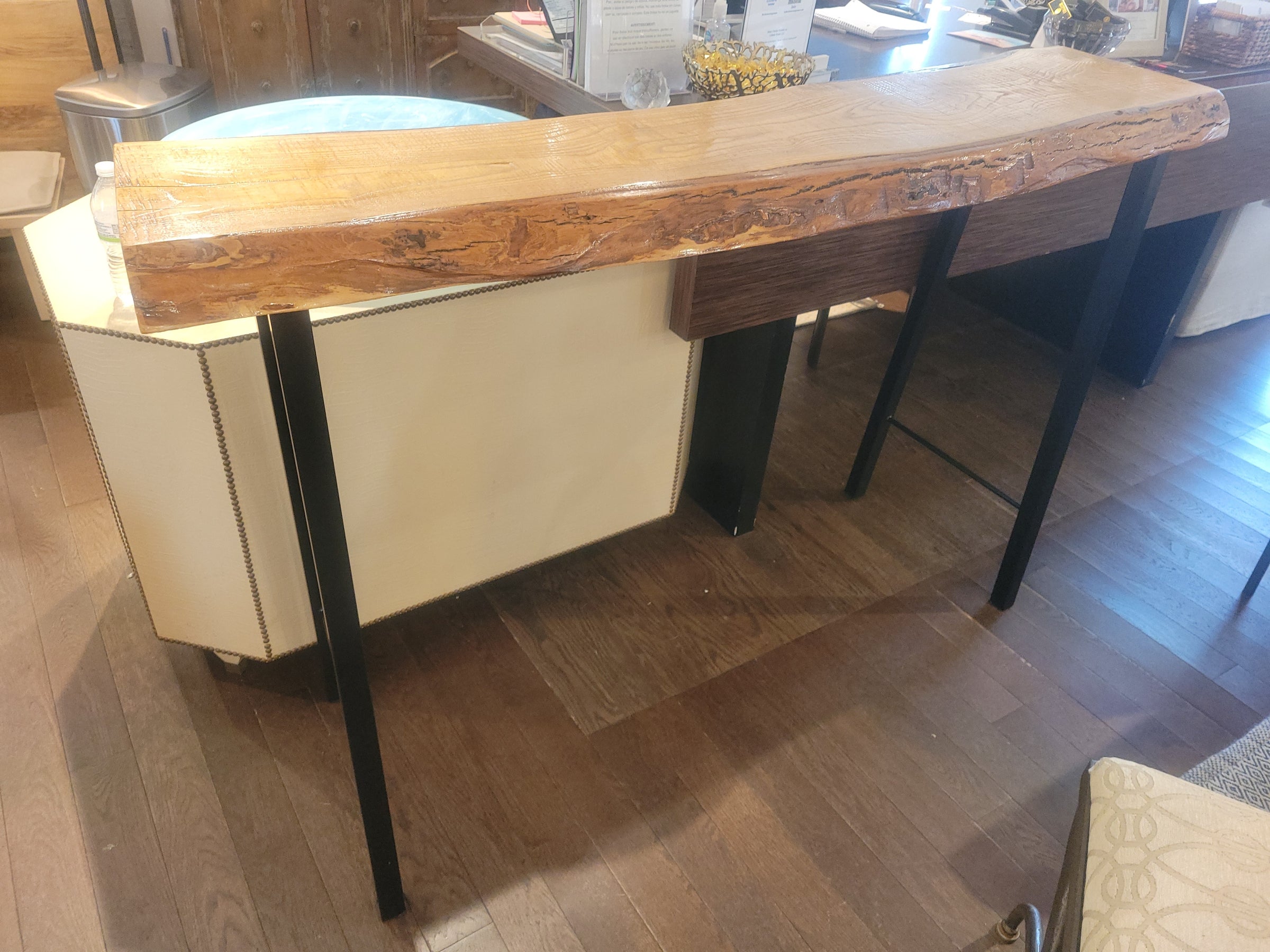 Live Edge Wood Slab Bar Height Console Table on Black Metal Legs