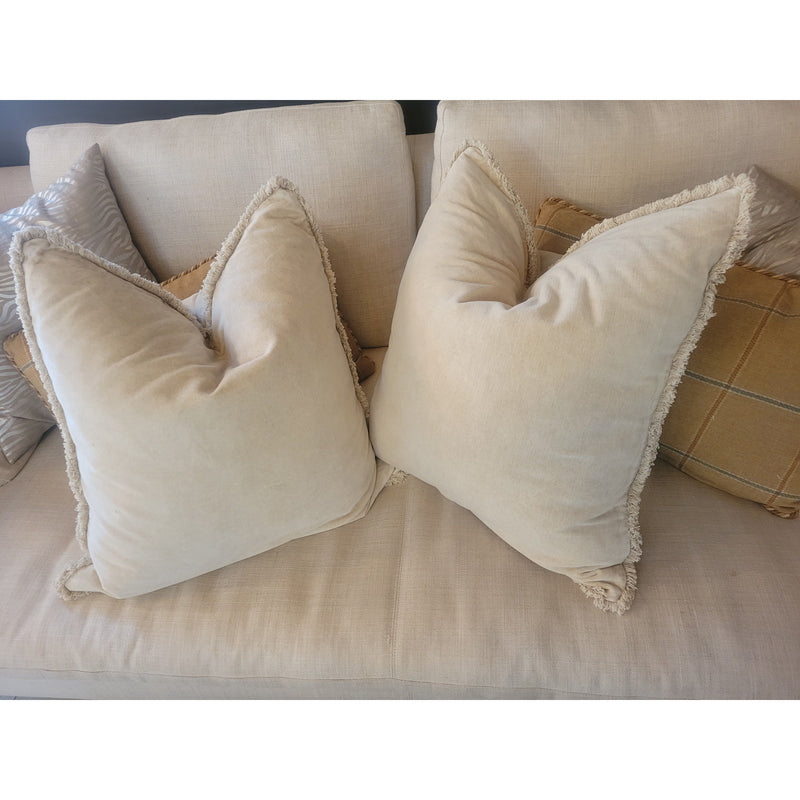 PAIR of Beige Velvety Square Pillows w/ Fringe Trim - colletteconsignment.com
