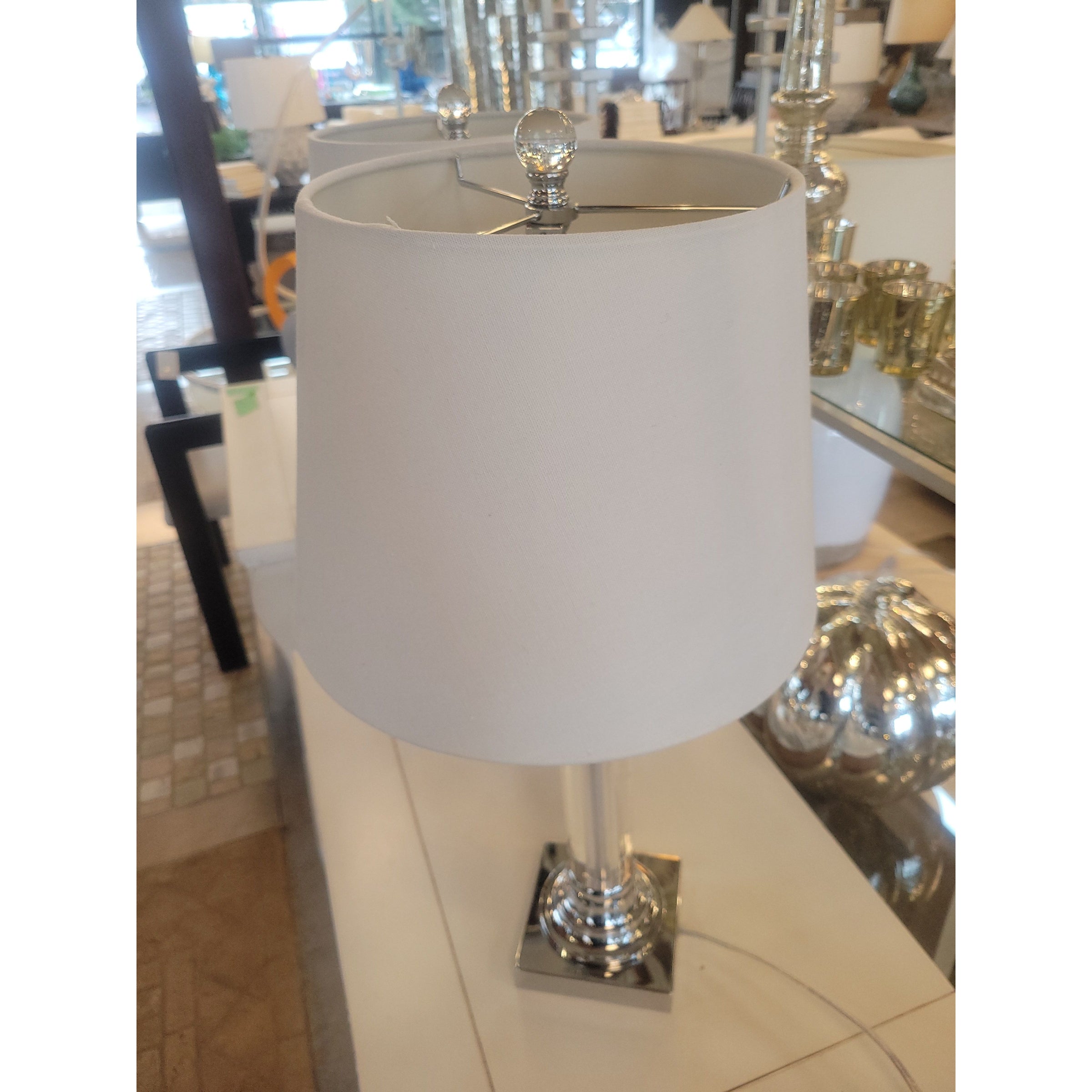 PAIR of Acrylic Pillar Table Lamps on Chrome Bases w/ Shades