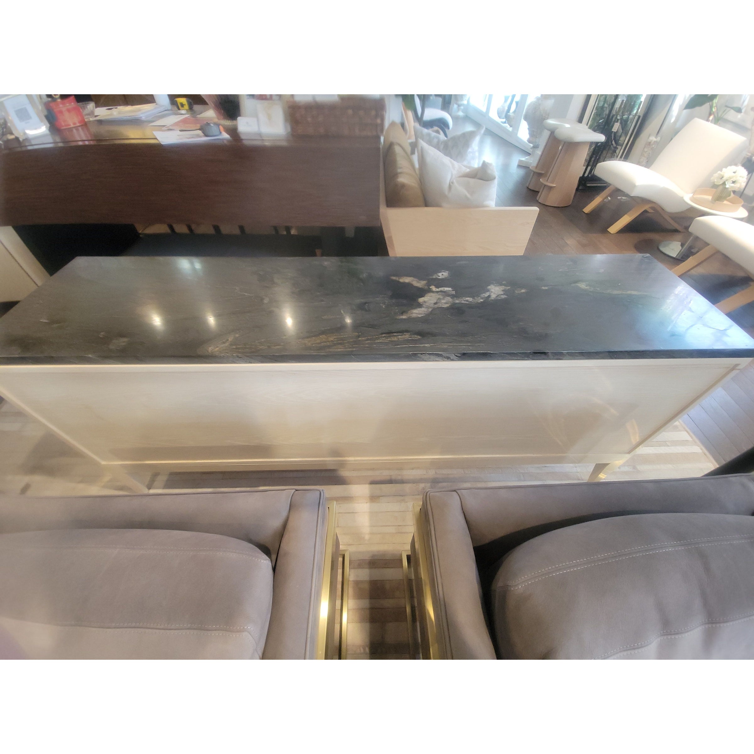 Custom Bone Inlay & Wood 4-Door Credenza w/ Black Marble Top