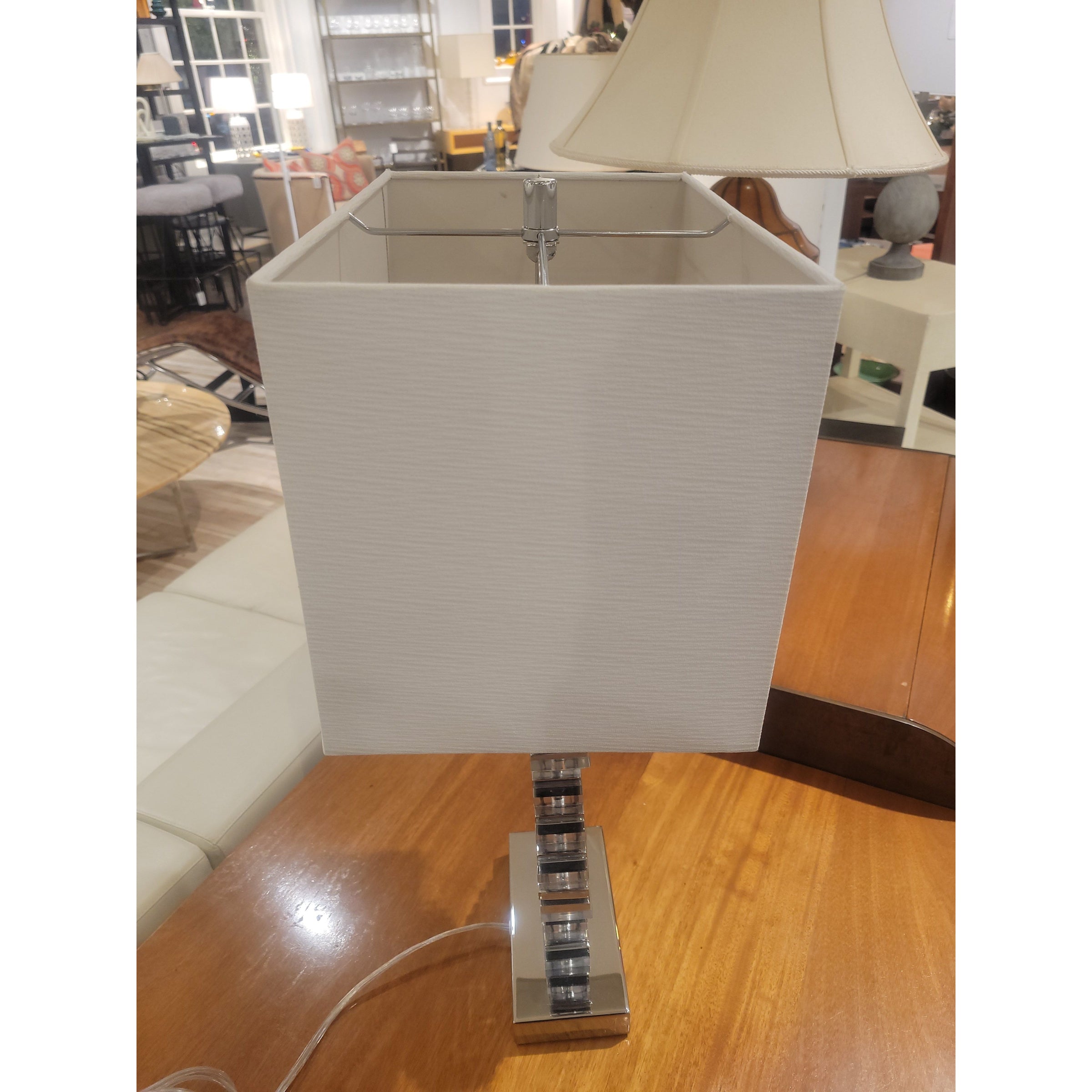 Paved 2-Tone Crystal & Chrome Table Lamp w/ Linen Shade