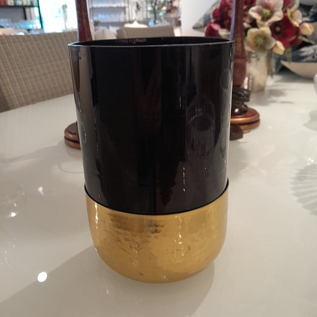 Glass Vase w/ Hammered Brass Base AS IS 5"Diam x 8"H