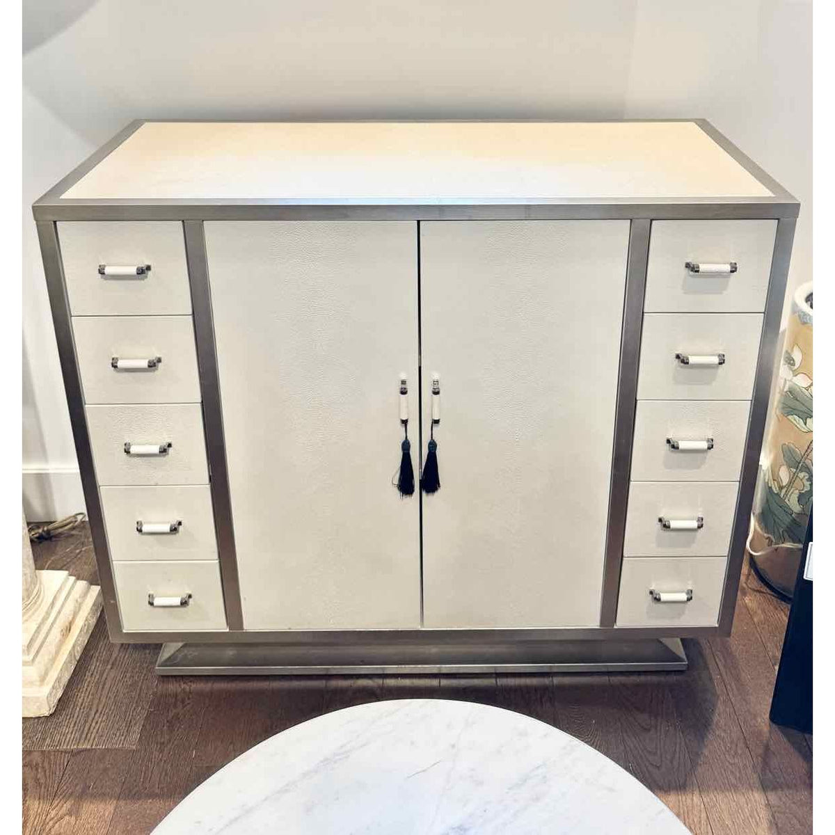 Caracole Classic White Faux Shagreen Cabinet w/ Tassels