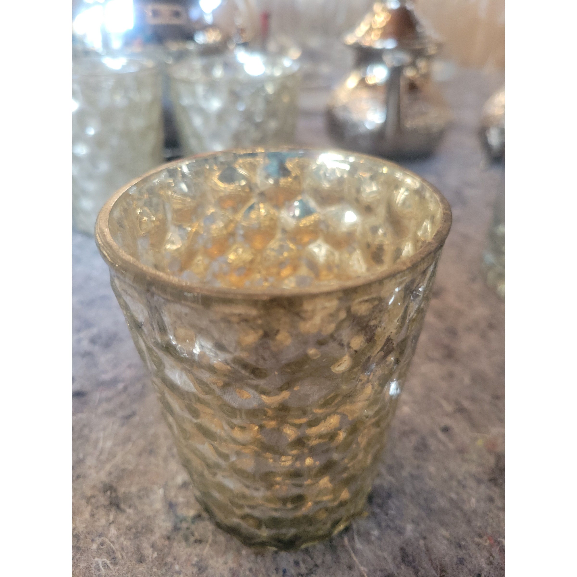 Set of 5 Large Hexagonal Mercury Glass Candle Holders