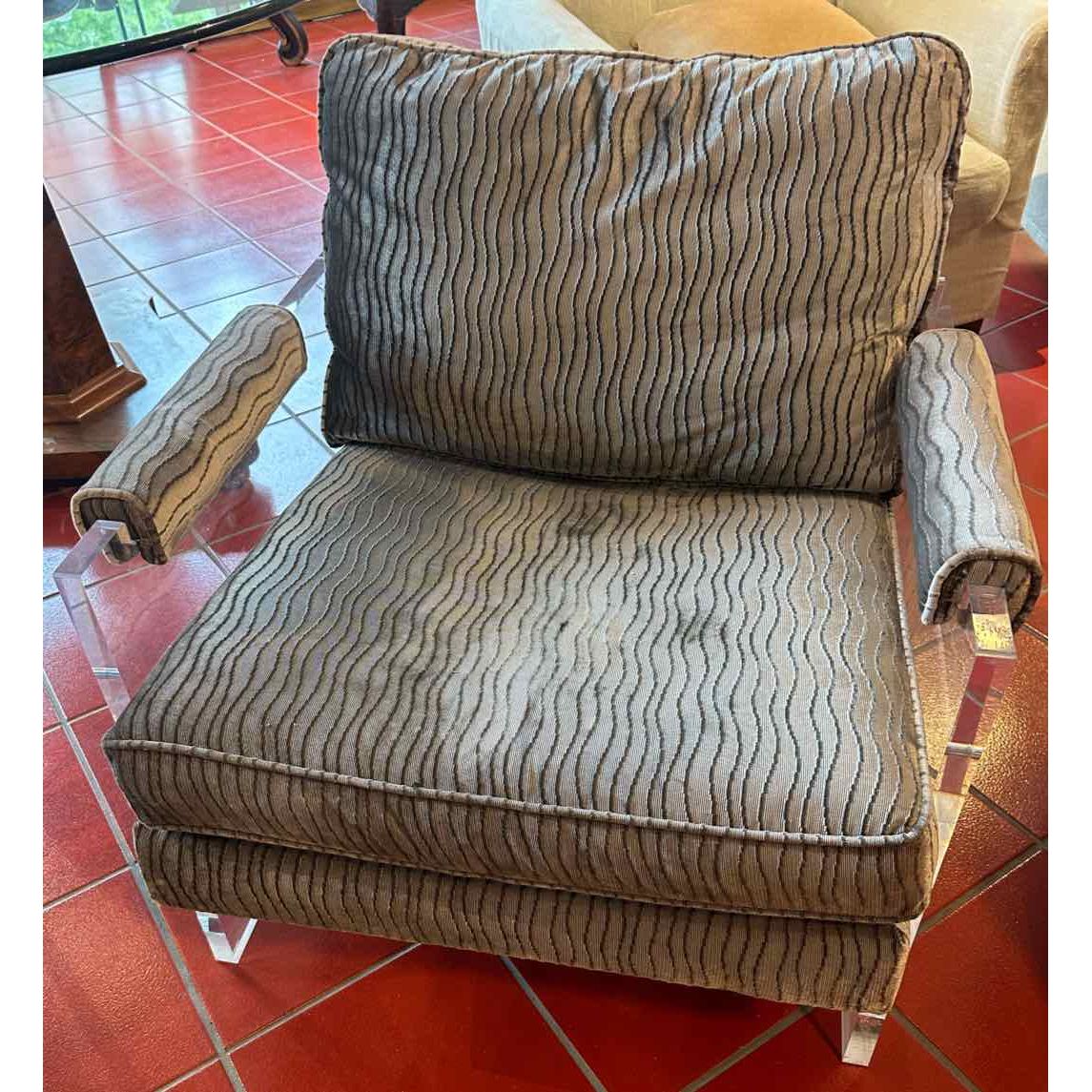 Pair of Grey & Silver ArmChairs with Lucite Base As Is
