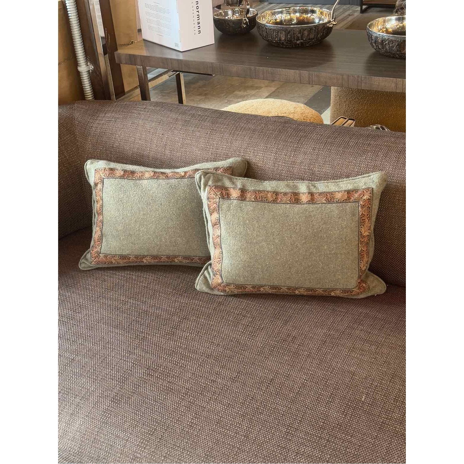 Pair of Moss Green Wool Lumbar Pillows w/ Goose Feather Inserts by Ralph Lauren