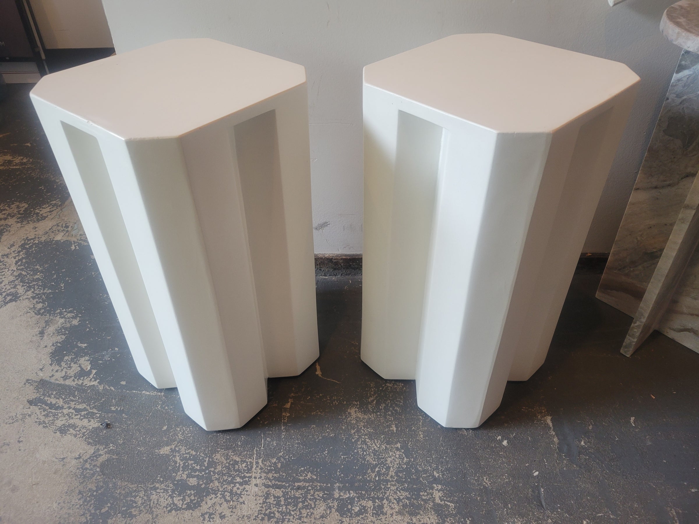 PAIR of Geometric White Cement Side Tables