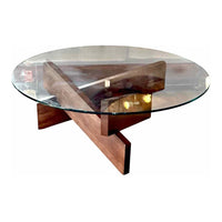 Mid-Century Style Glass Top w/ Wooden Base Coffee Table 42"DiamX16.5"