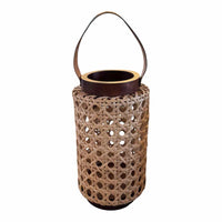 Teak & Rattan Lantern w/ Leather Handle
