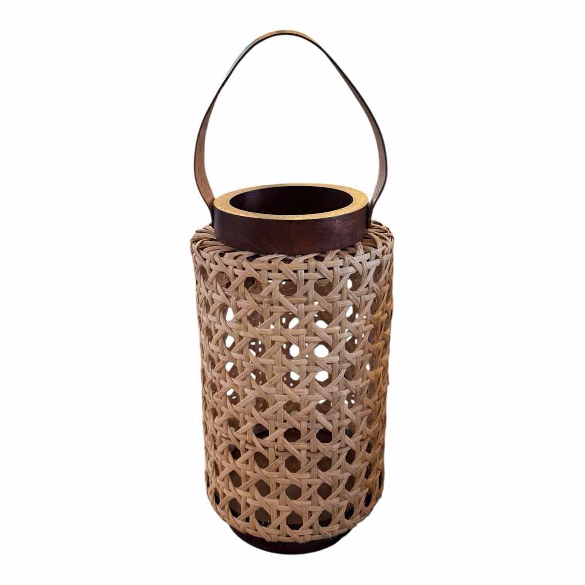 Teak & Rattan Lantern w/ Leather Handle