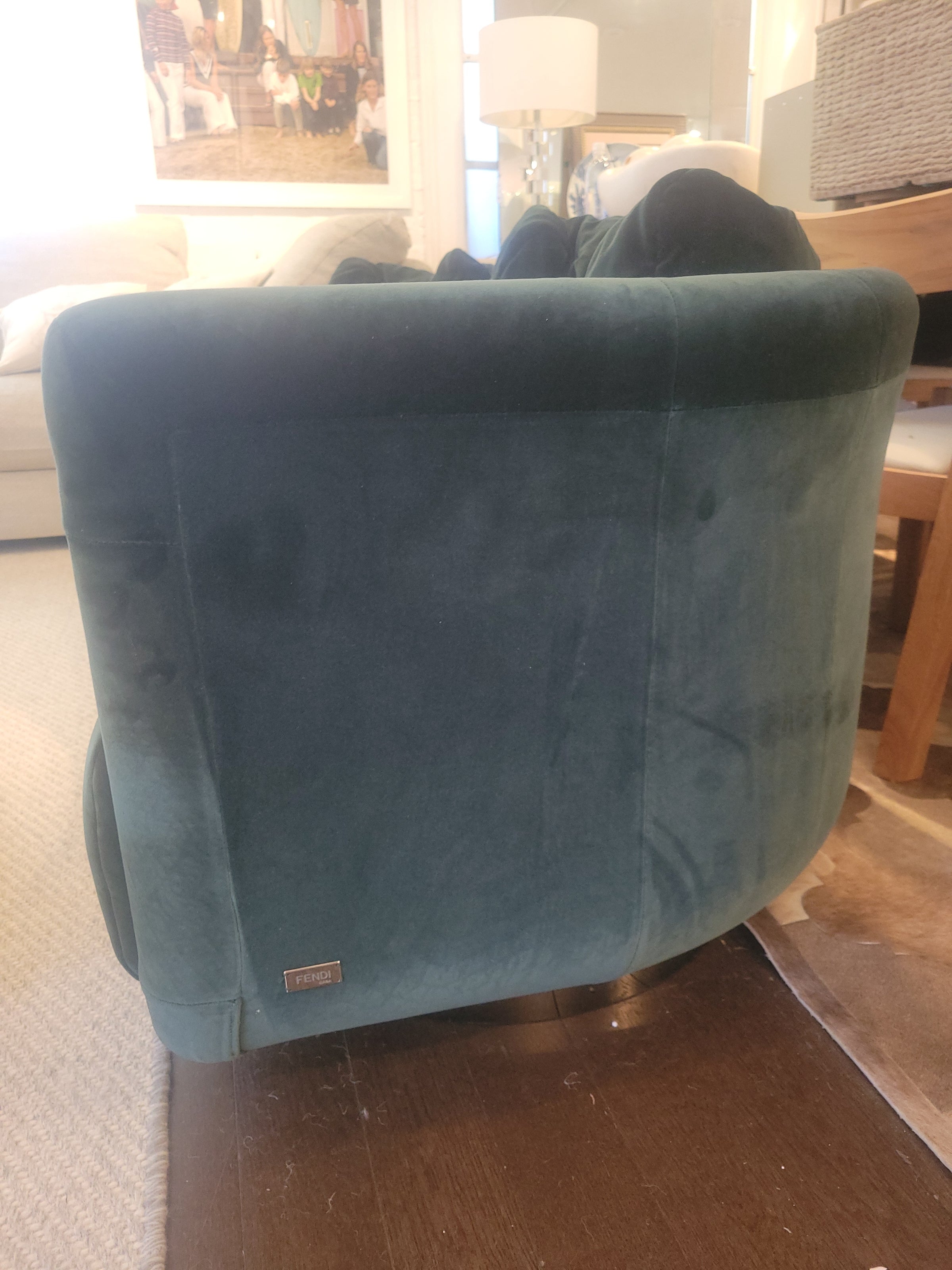 PAIR of Artu Green Velvet Barrel Back Swivel Chairs by Fendi Casa