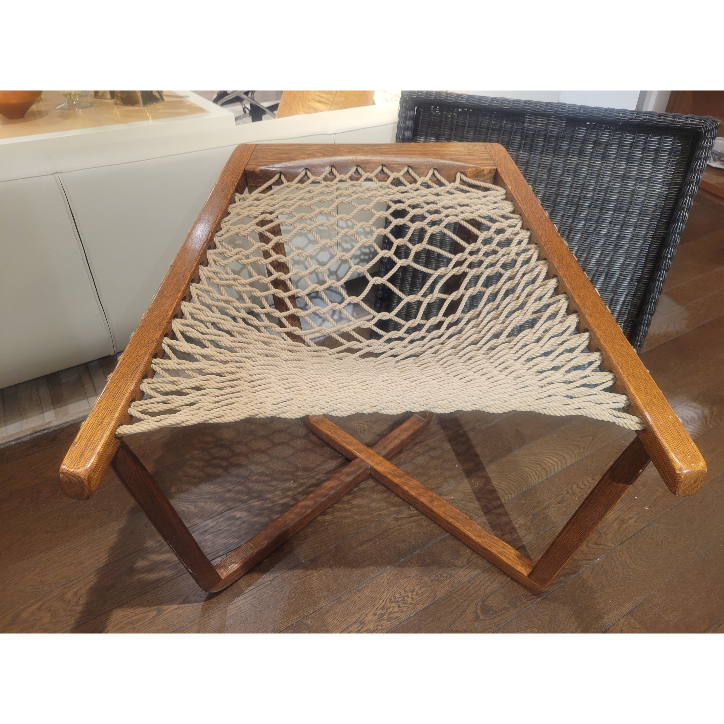 Vintage Swedish Oak & Rope Hammock Lounge Chair