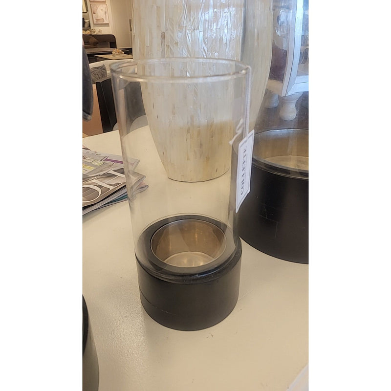 Small Clear Glass Hurricane w/ Black Wood & Metal Base - AS IS