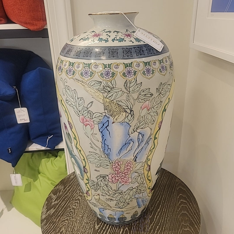 Large Asian Vase w/ Floral Landscape Motif, 26"Hx13"D