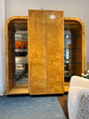 1970s 3-Pc Burlwood Bar Cabinet w/ Lighting & Glass Shelves - AS IS
