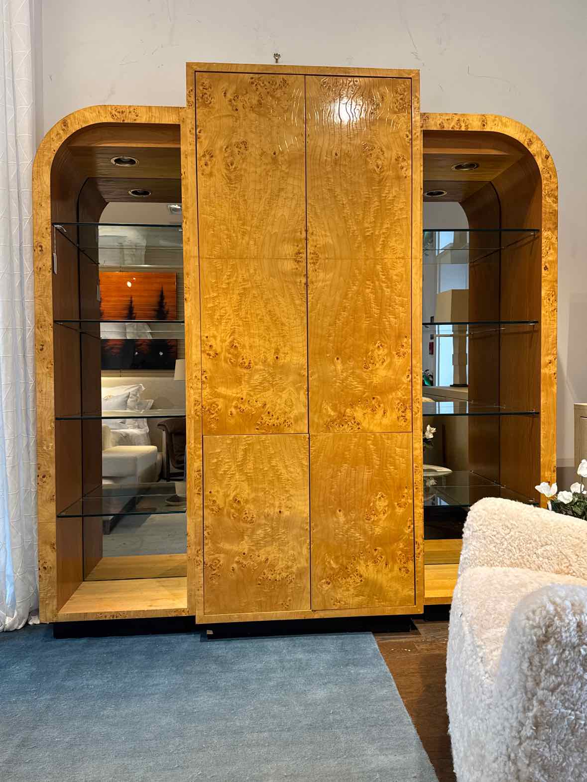 1970s 3-Pc Burlwood Bar Cabinet w/ Lighting & Glass Shelves - AS IS