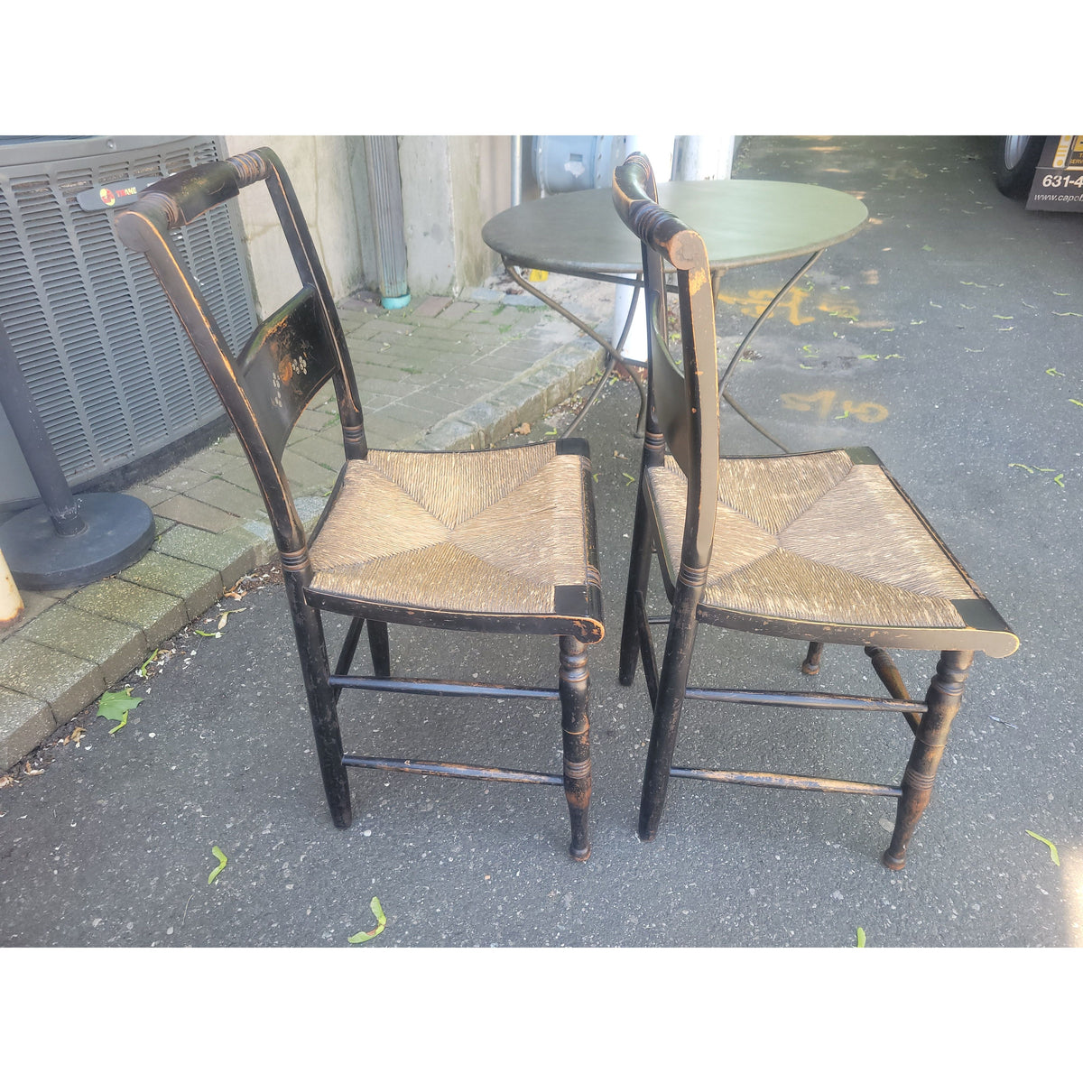 PAIR of Antique Black Wood Hitchcock Chairs w/ Rush Seats (AS IS) - colletteconsignment.com