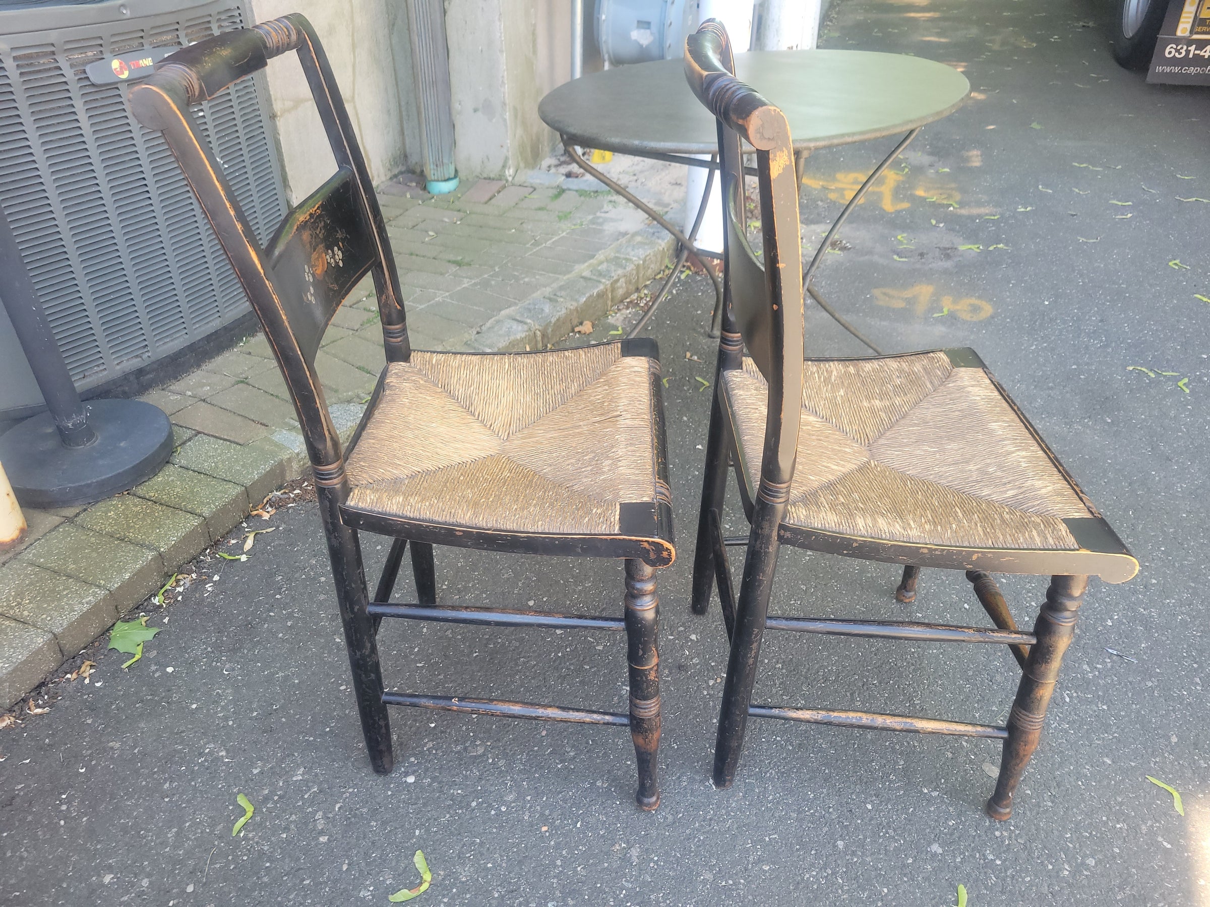 SET of 4 Antique Black Wood Hitchcock Chairs w/ Rush Seats (AS IS)