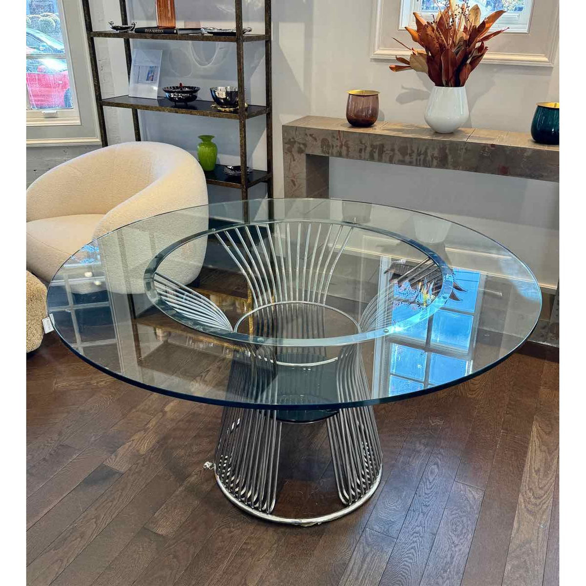 Round Glass & Chrome Platner-Style Dining Table