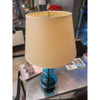 PAIR of Blue Glass Table Lamps on Wood Bases w/ Beige Shades