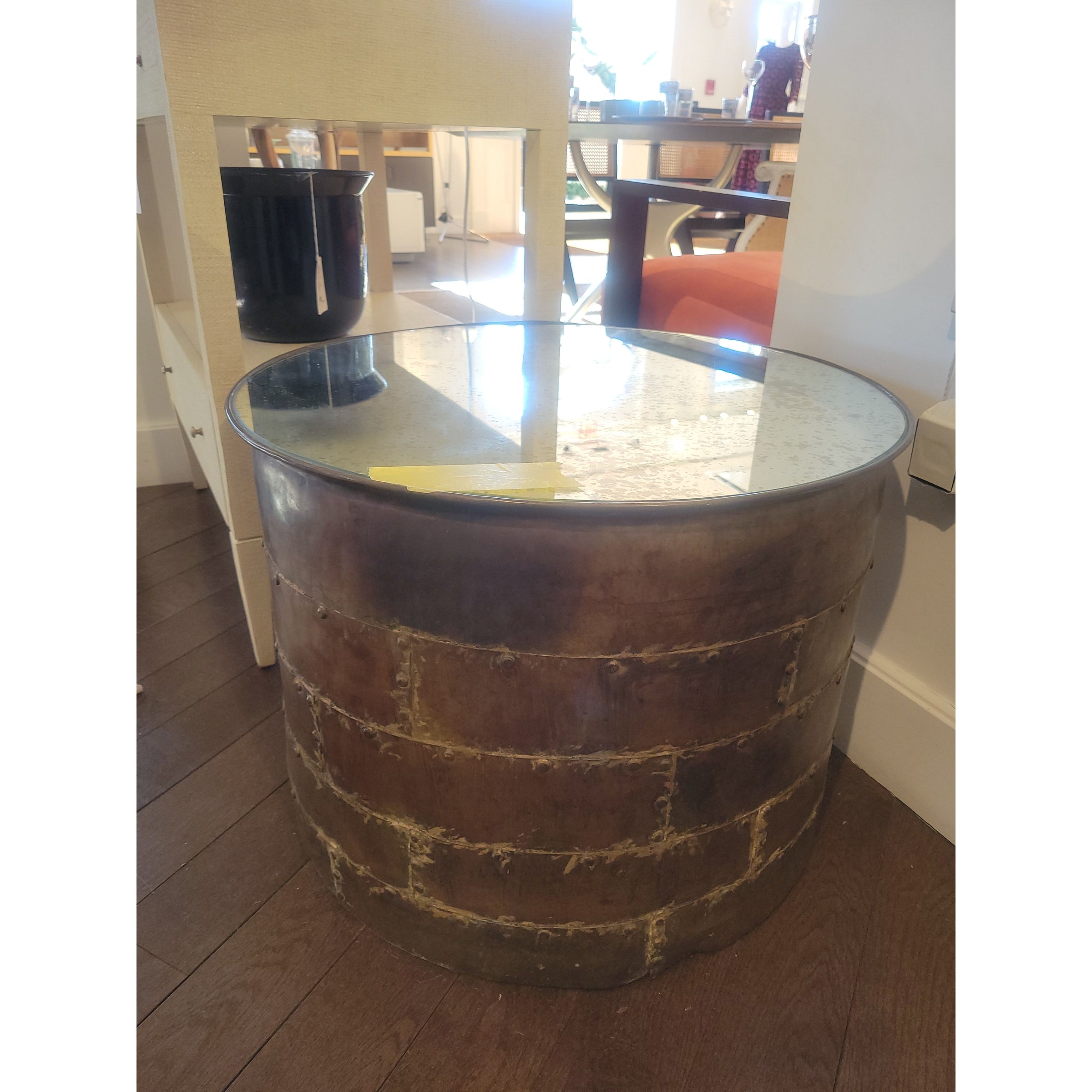 Vintage Metal Drum Coffee Table w/ Antiqued Mirror Glass Top - colletteconsignment.com