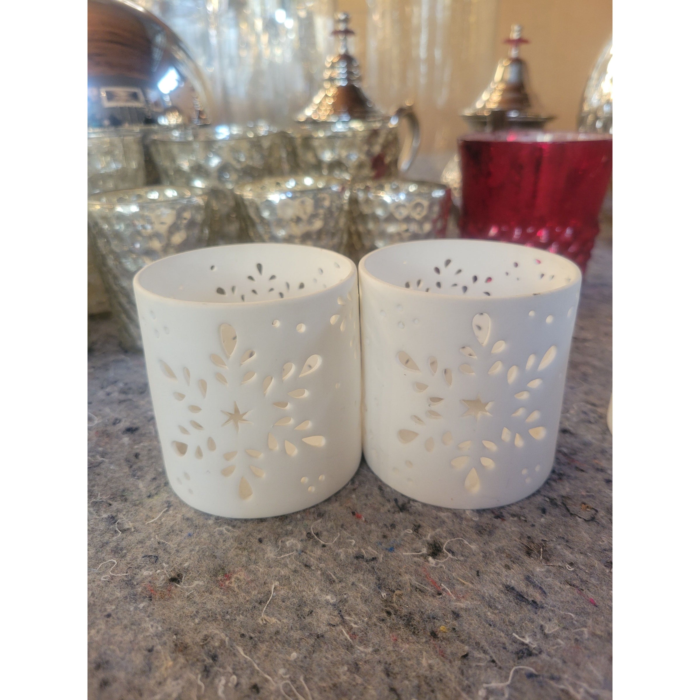Pair of White Snowflake Votive Candle Holders