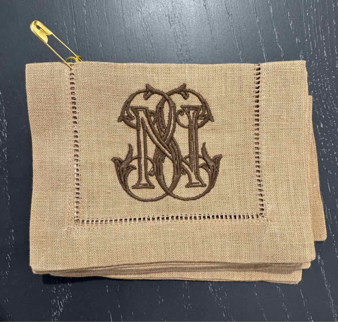 SET of 8 Sferra Fine Linen Monogram N Cocktail Napkins