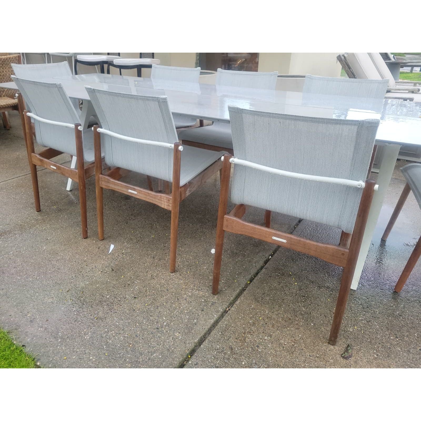 Set of 8 Gloster Teak Outdoor Chairs w/ Gray Mesh Seats