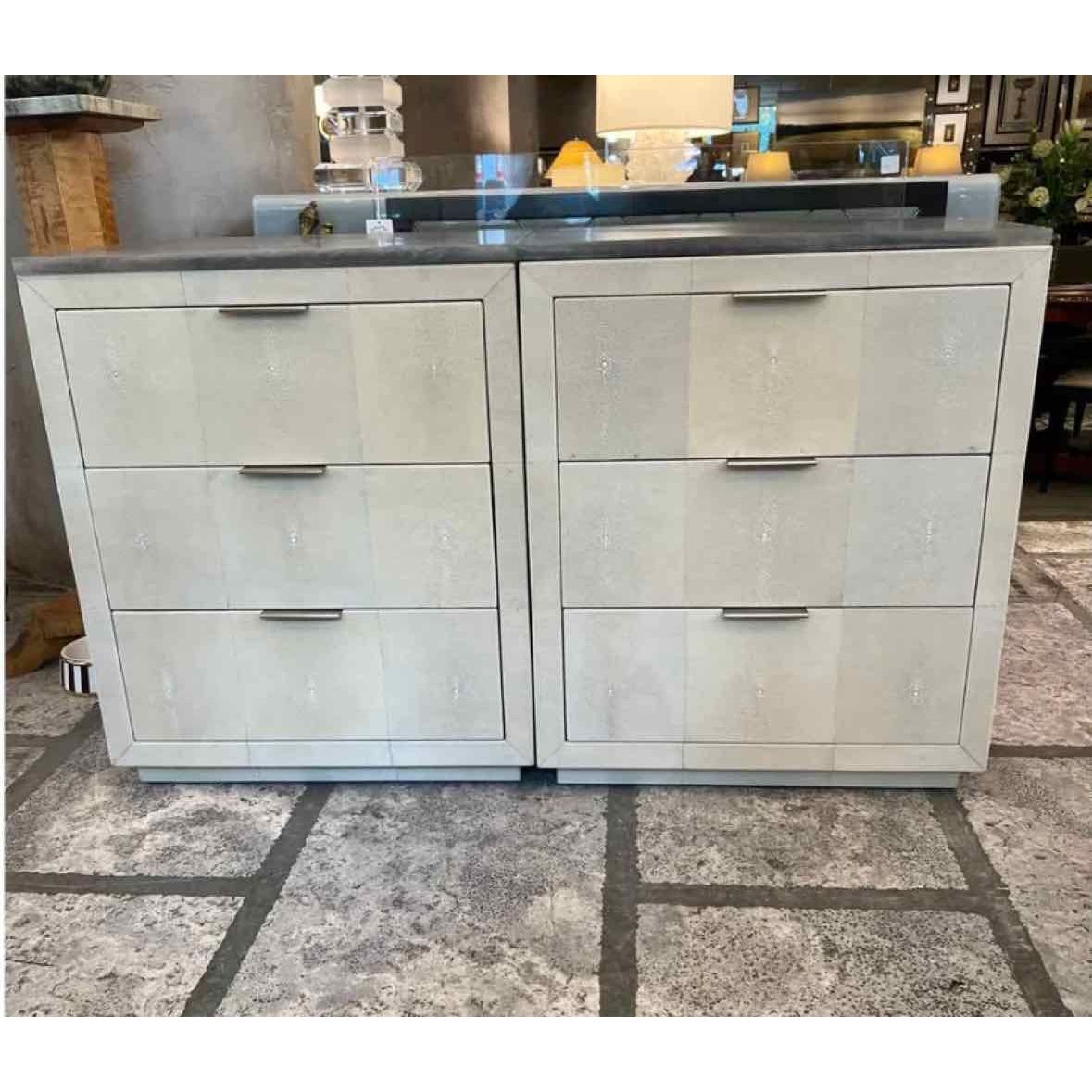 Pair of Shagreen Night Stands with Silver Resin Marble Top