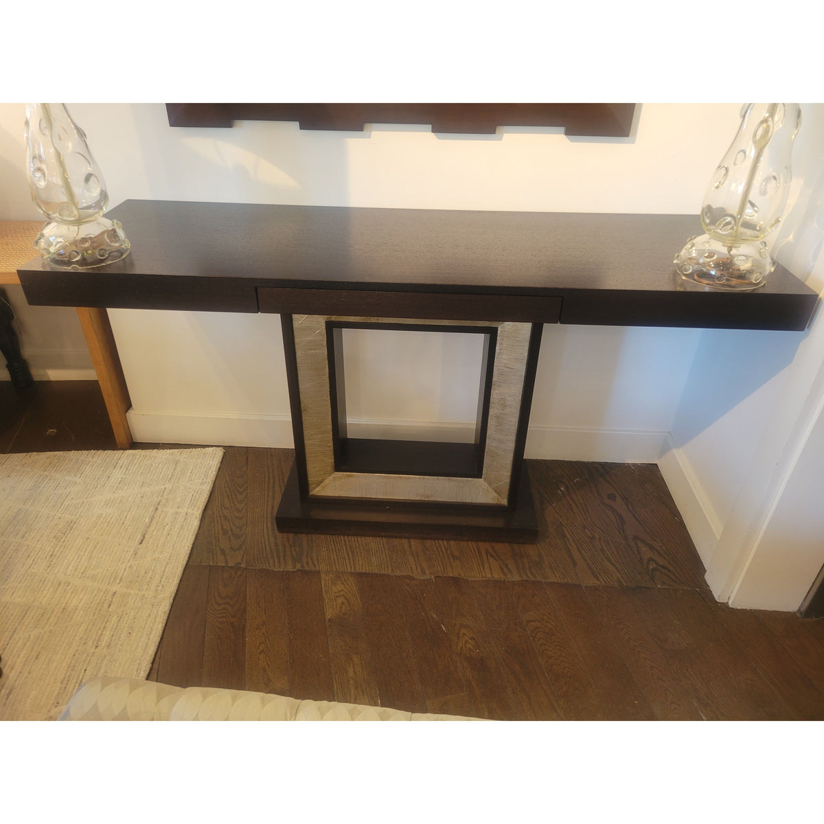 Custom Natural Wenge Wood Console Table w/ Glazed Antiqued Silver Leaf Inlay - colletteconsignment.com