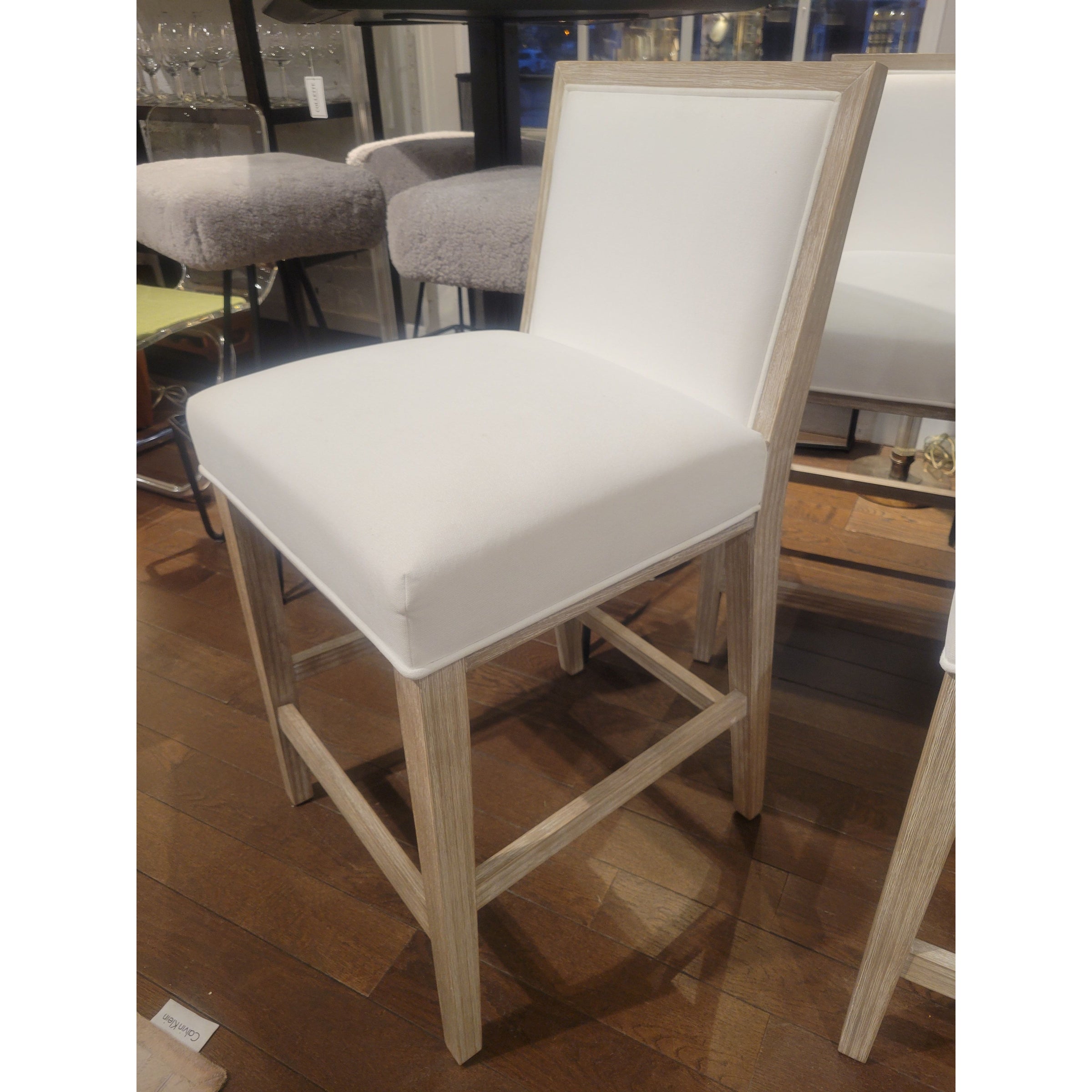 SET of 4 White Upholstered Natural Wood Counter Stools (AS IS)