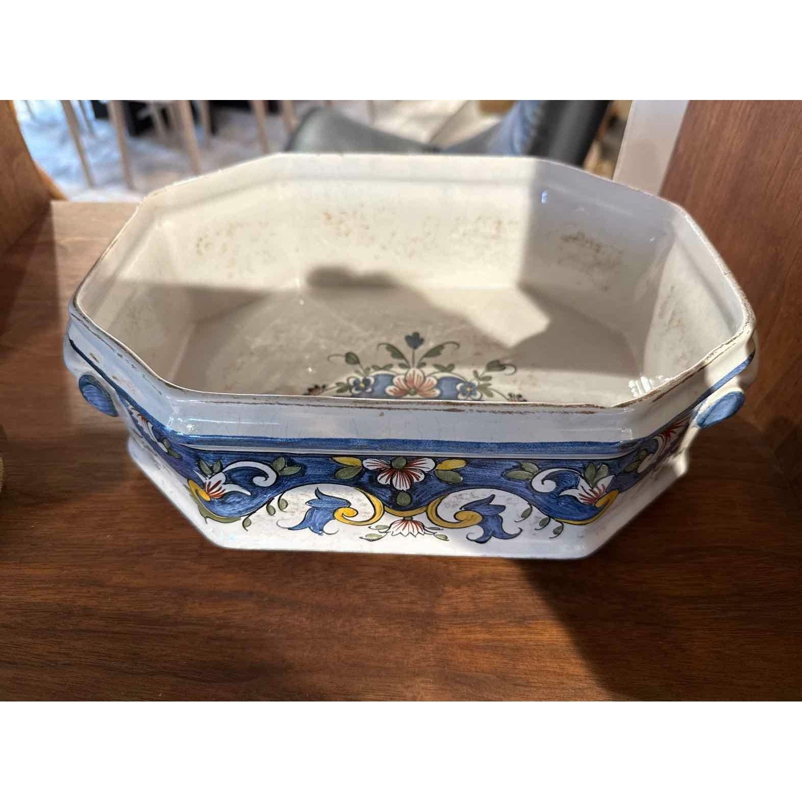 Antique French Ceramic Glaze Hand Painted Vessel w/Handles, 12.5" L x 8.5"W