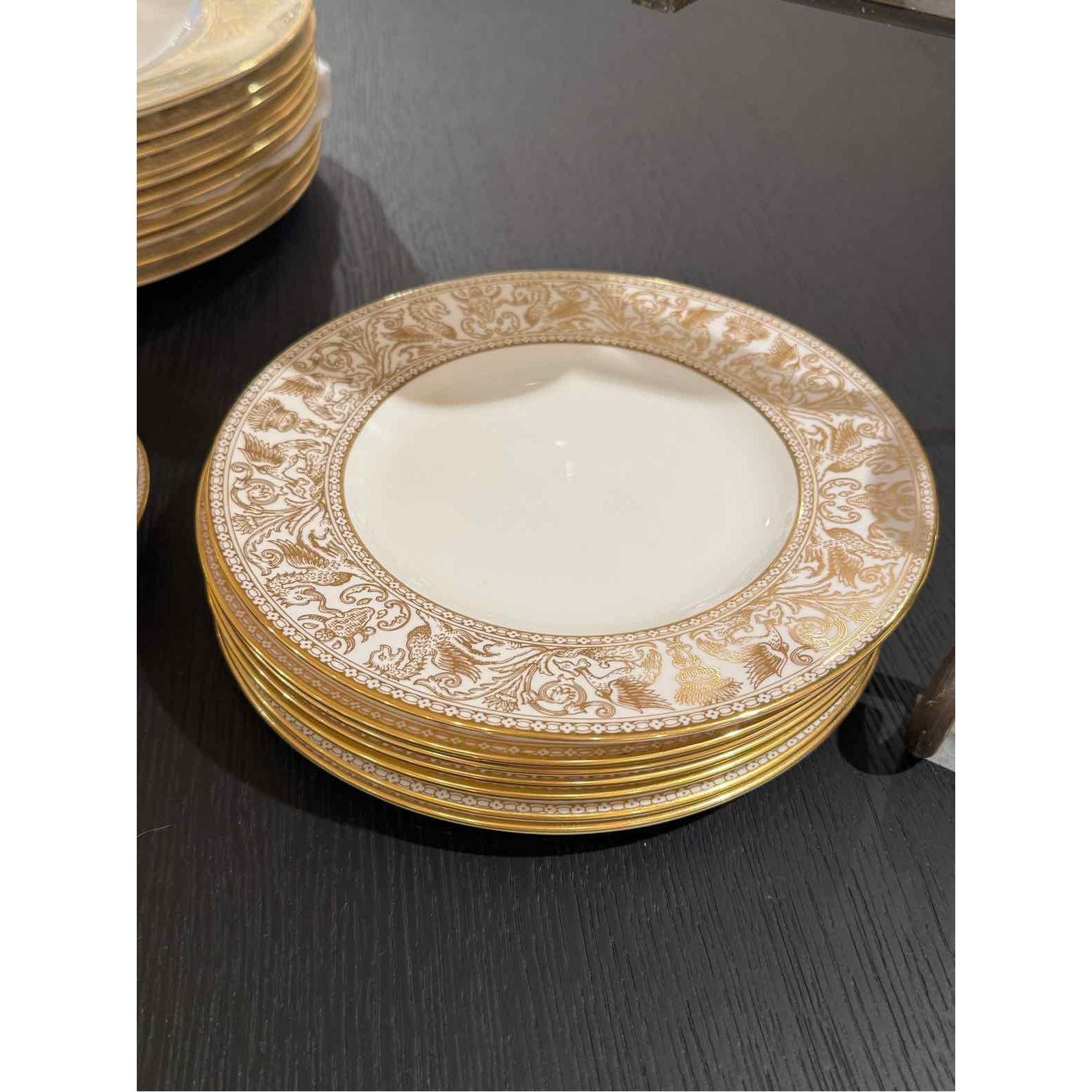 Set of Eight Salad Plates Wedgewood Florentine Gold, 8" Dia