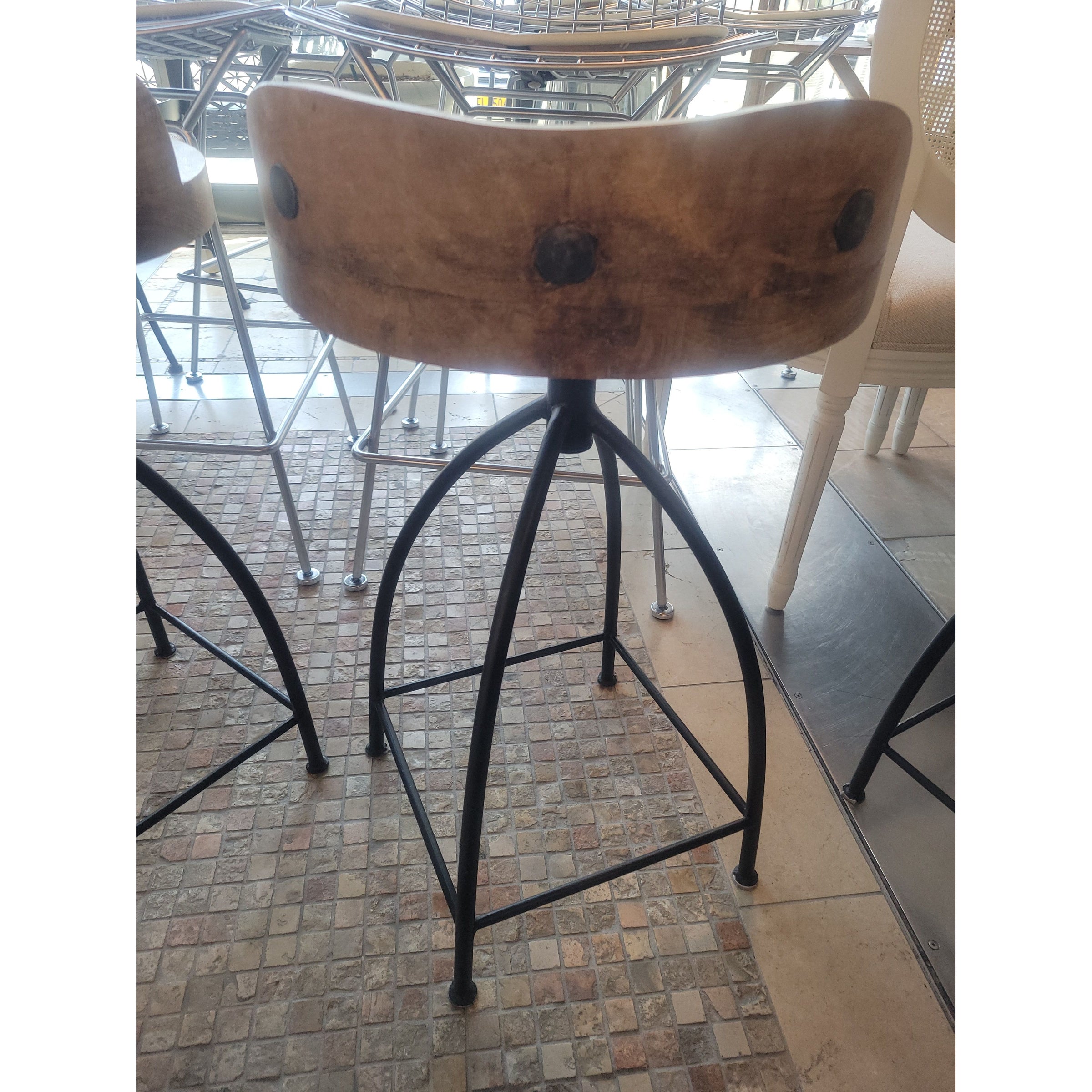 SET of 3 Henson Wood & Iron Swivel Counter Stools by Arteriors