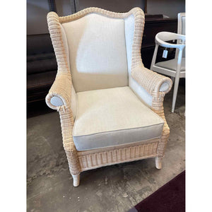 Beige Wicker Wingback Arm Chair w/ White Cushion