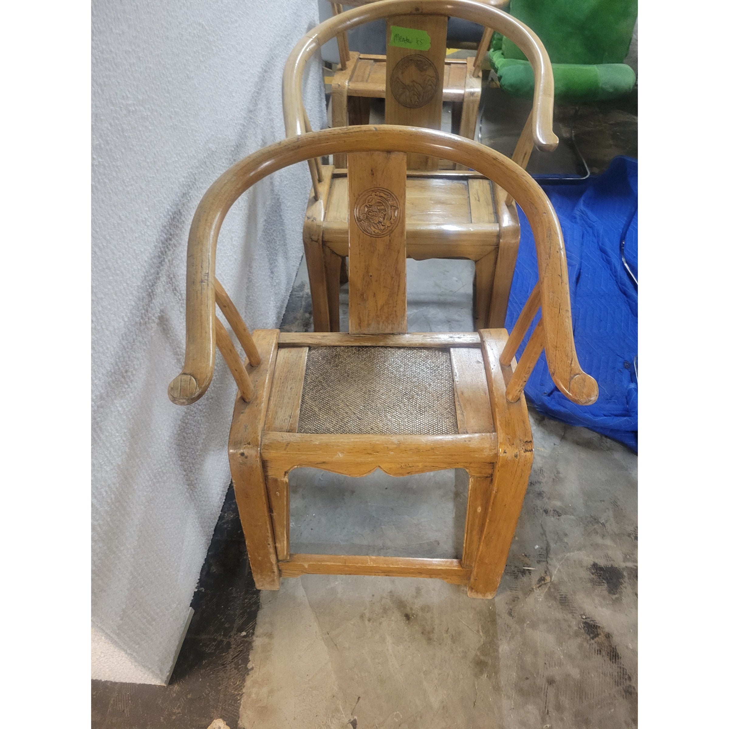 Vintage Ming Style Wood Horseshoe Back Arm Chair w/ Dragon Medallion & Cane Seat