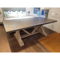 7-ft Metal Wrapped Top Trestle Dining Table on Natural Wood Base - colletteconsignment.com