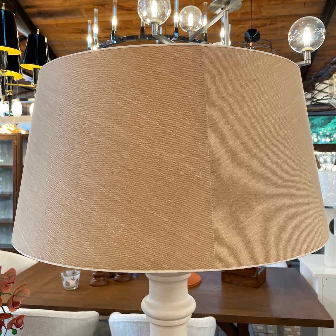 PAIR of XL White Plaster & Brass Table Lamps w/ Tan Shades (AS IS)