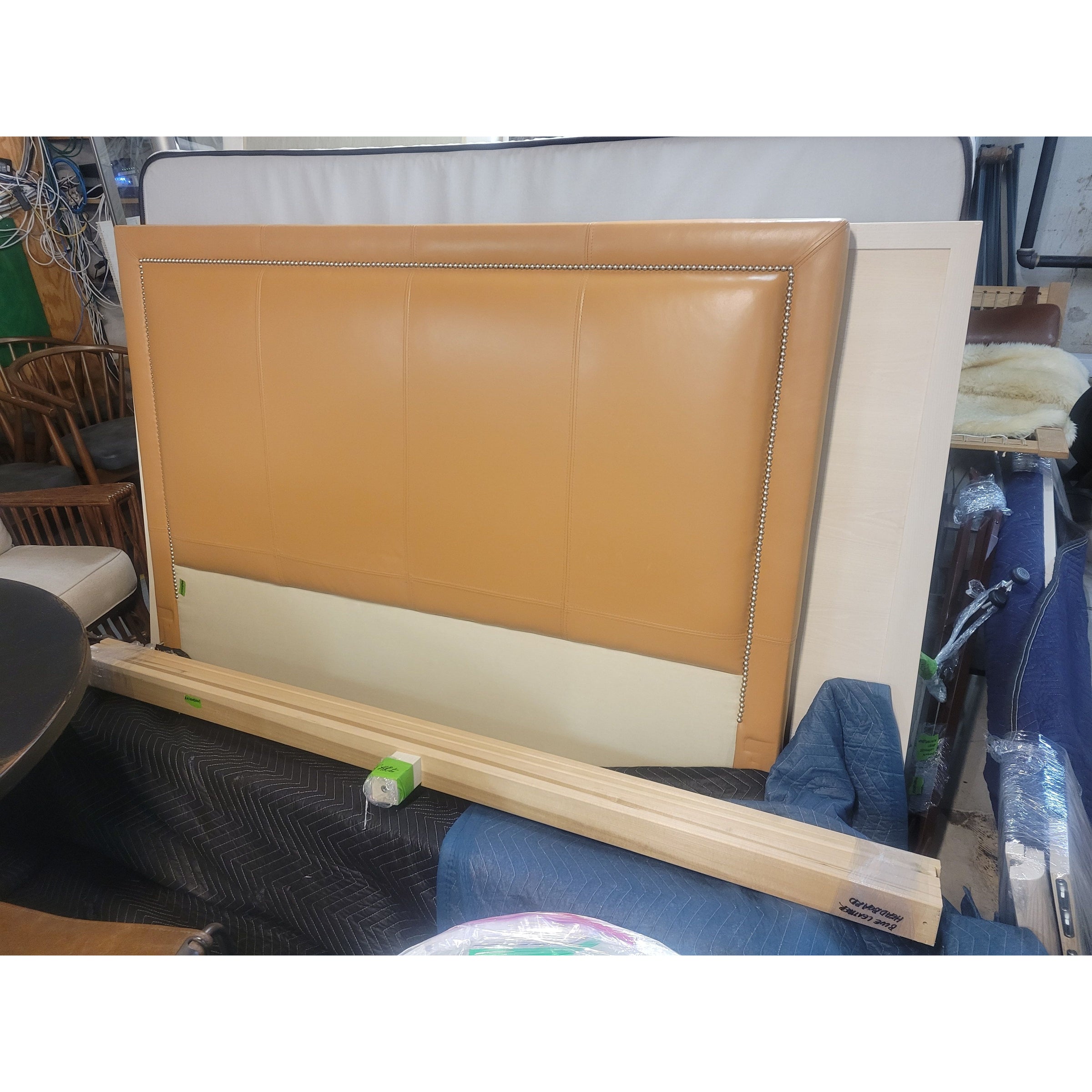 Queen-Sized Tan Leather Nailhead Bed - colletteconsignment.com