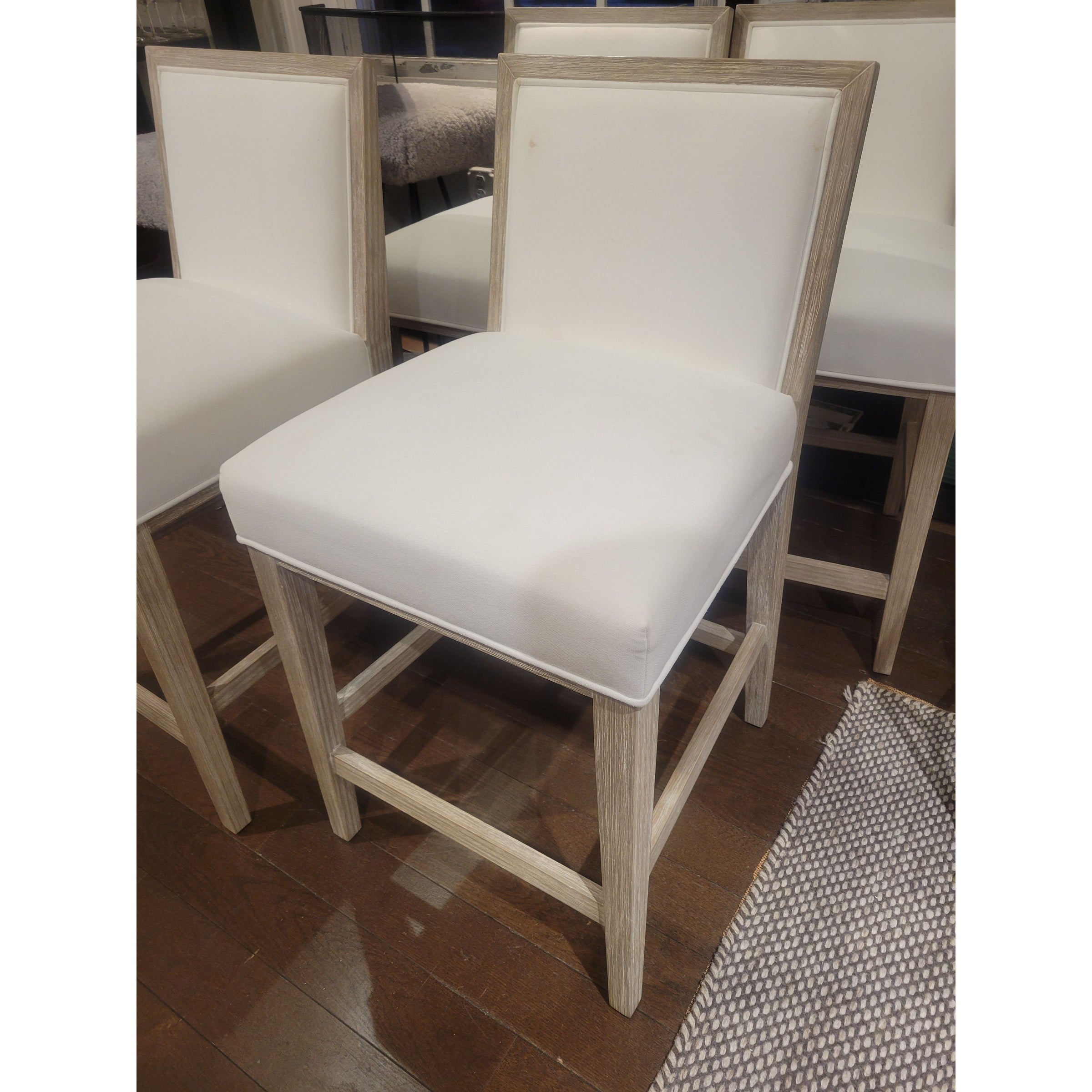 SET of 4 White Upholstered Natural Wood Counter Stools (AS IS)