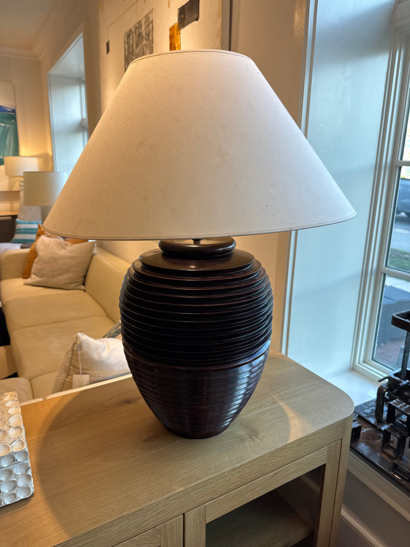 Large 1970s Italian Turned Wood Table Lamp w/ White Shade