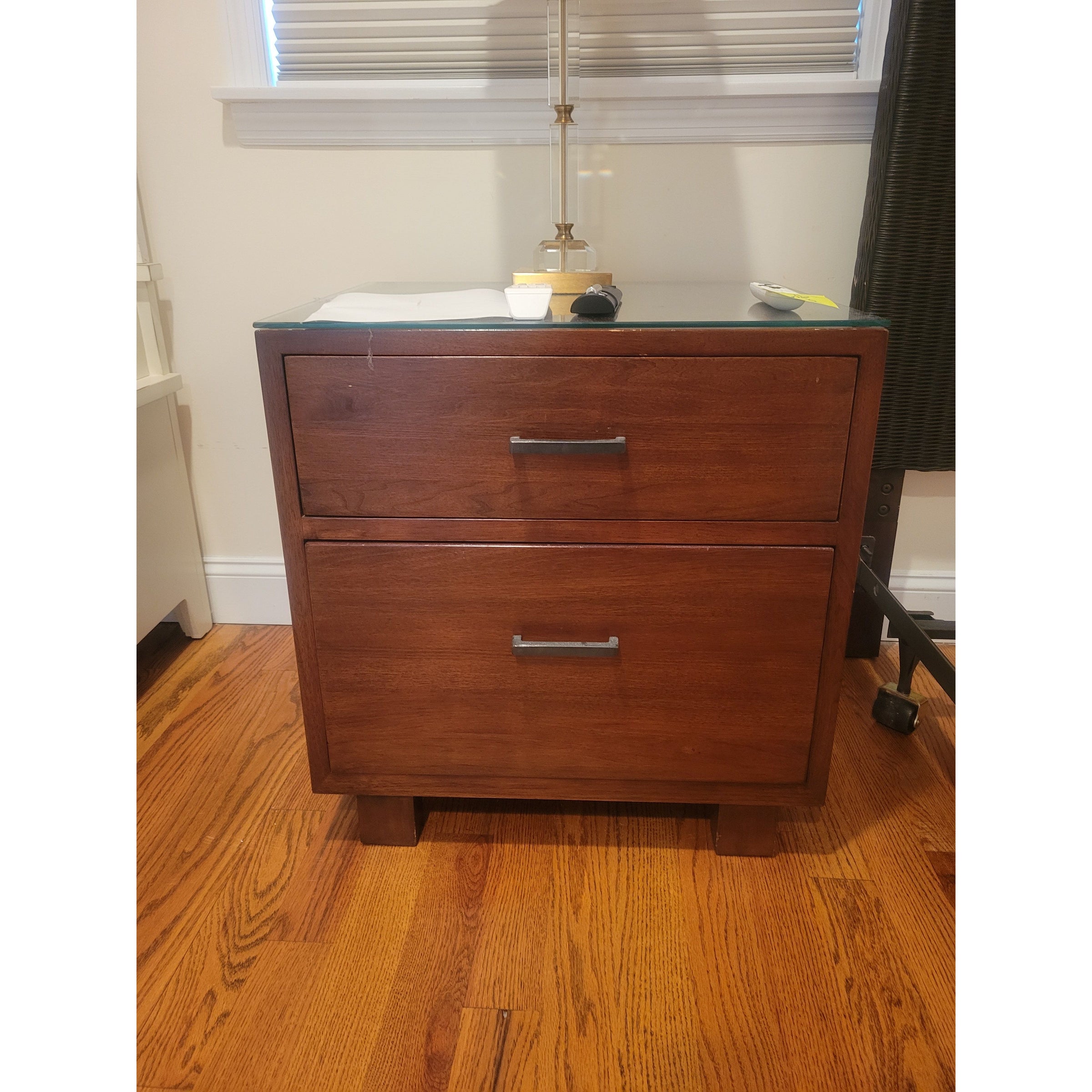 Dark Wood 2-Drawer Night Stand w/ Glass Top