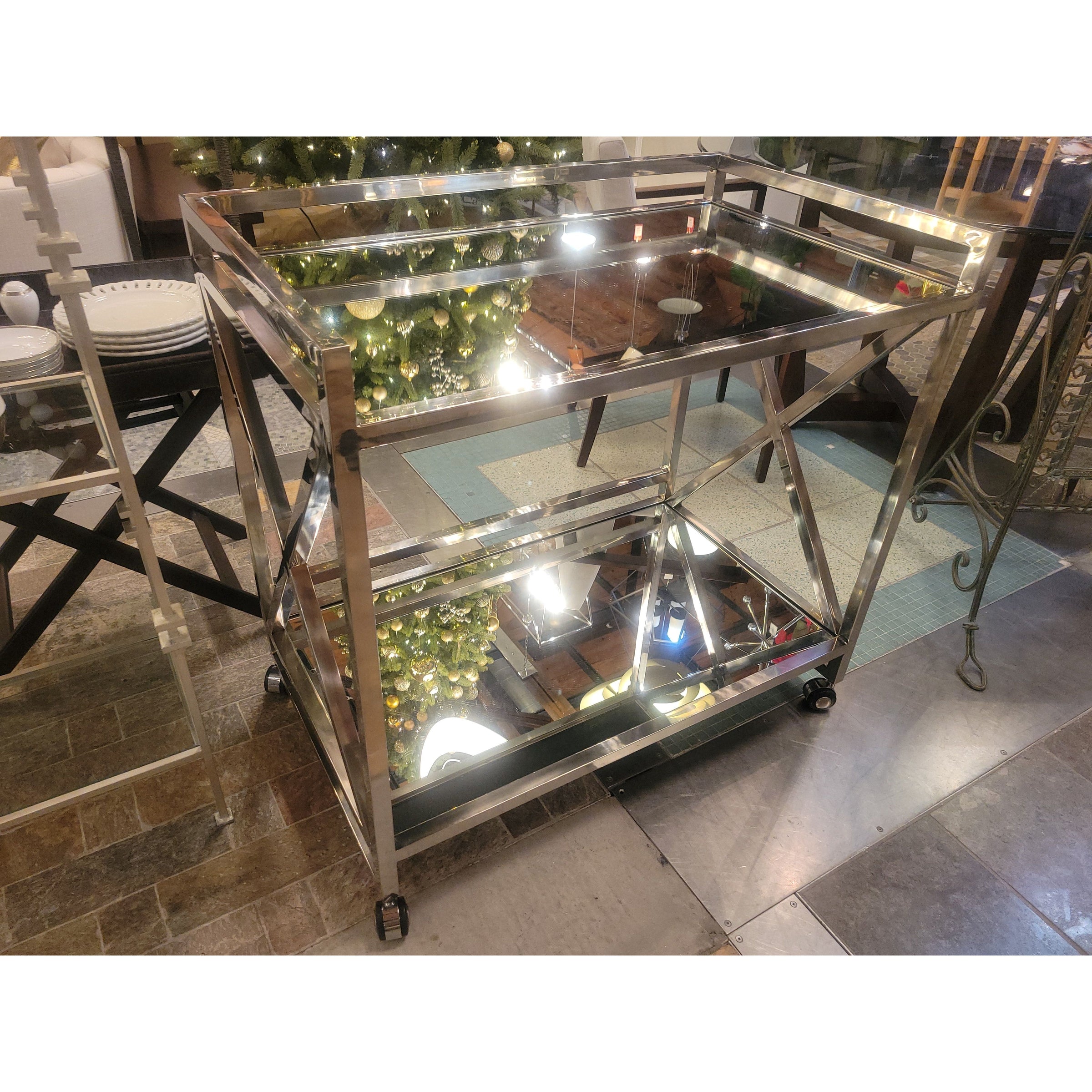 Polished Steel Bar Cart w/ Mirror Glass Shelves Attrib. to Moniker (As Is)
