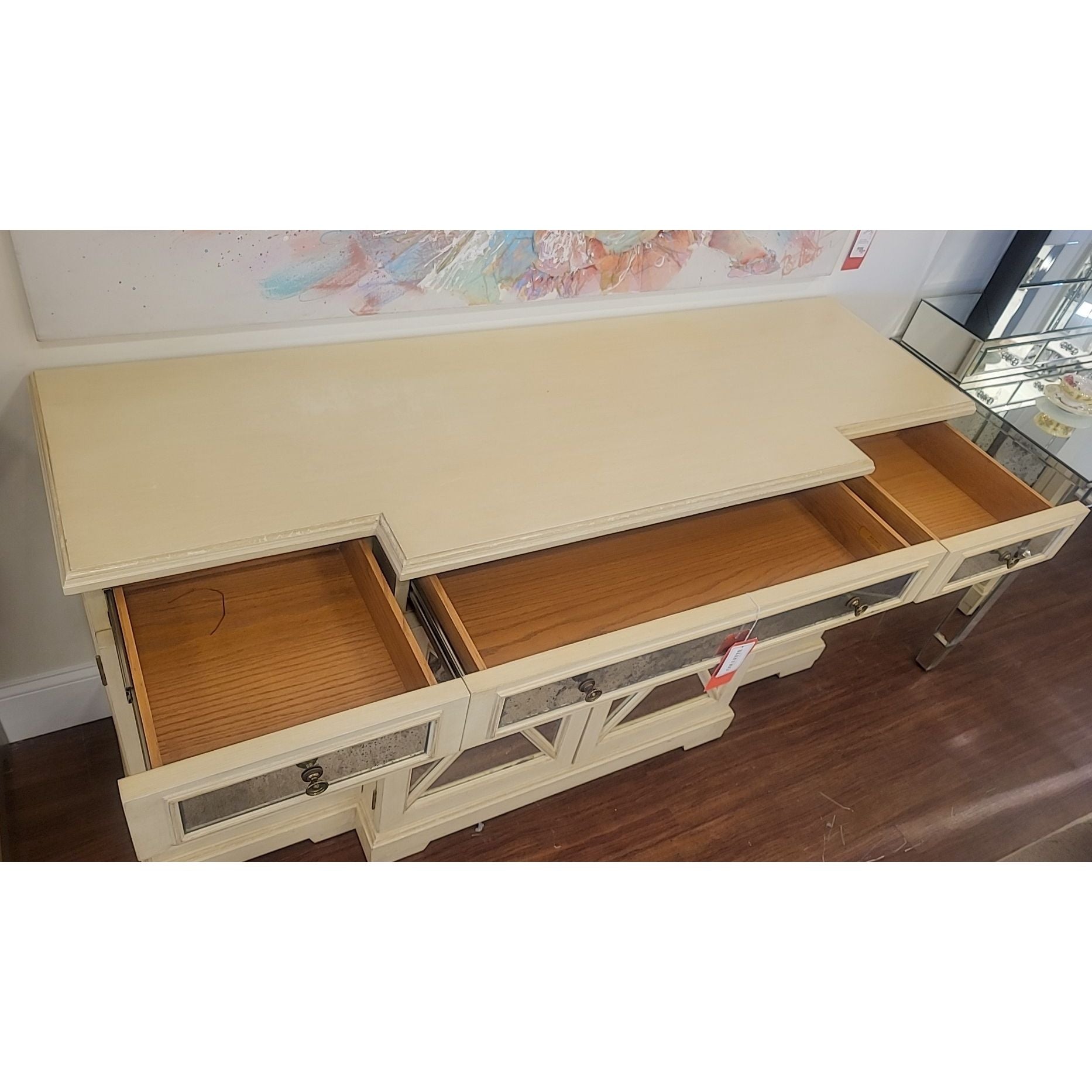 Pickled Wood Media Credenza w/ Antiqued Mirror Glass